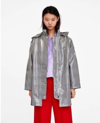 BNWOT ZARA Grey CHECK WATERPROOF RAINCOAT MAC JACKET HOOD Size XS  UK