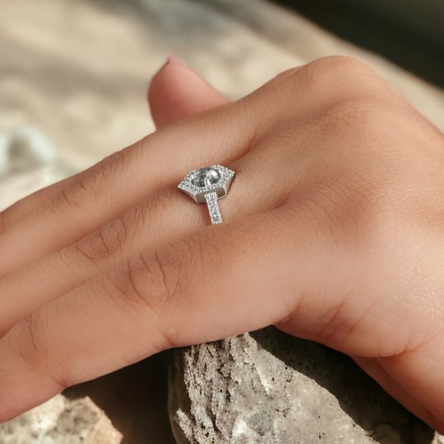 0.39 Ct Hexagon Salt And Pepper Diamond Ring 14K White Gold Engagement Gift Ring - Bild 6 von 9