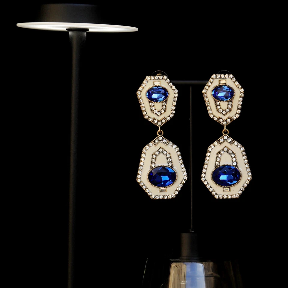 Pendientes Grandes Largos Clip En Dorado Art Deco Geométrico Strass Azul EH7 - Imagen 2 de 4