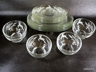 RARE ETCHED LAUREL LEAF & DEER Clear 4 X 3 Piece Set = 12 PCS LUNCHEON SET OH MY