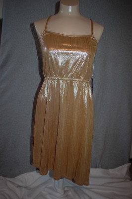 Womens SHINY GOLD METALLIC DRESS Knee Length ASYMMETRICAL HEM Adj Straps  SIZE S | eBay