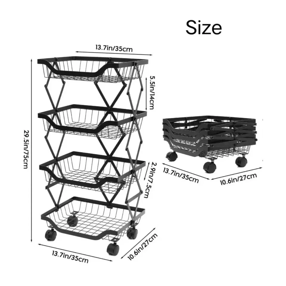 Estante de almacenamiento de cocina organizador plegable de 4 niveles negro con rodillo Foto 3 de 3