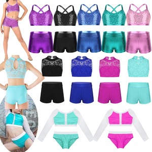 Details About Kids Girls Dance Workout Outfits Sequins Lace Crop Top Shorts Gymnastics Clothes