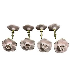 Pink Rose Ceramic Porcelain Dresser Drawer Knob Cabinet Flower Pull Handle 8 Pc