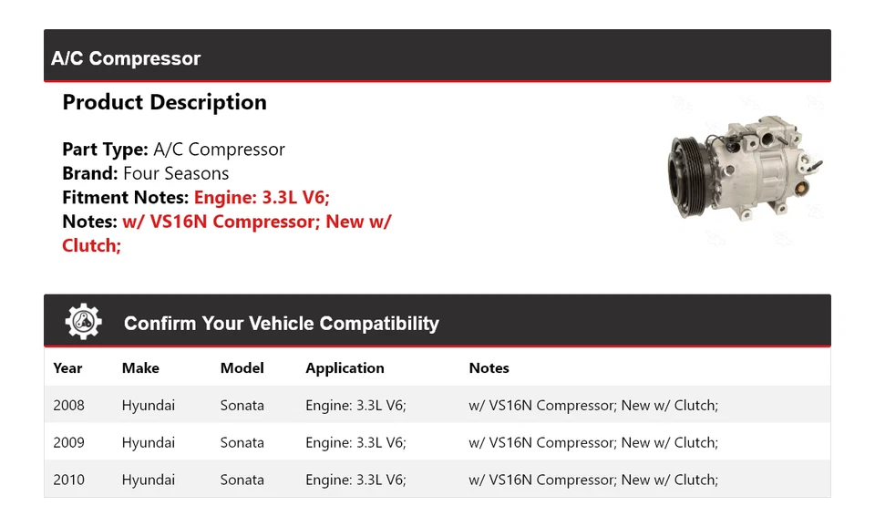 Compresor de aire acondicionado para Hyundai Sonata 2008-2010 3,3 L V6 4 estaciones 2009 Foto 2 de 4