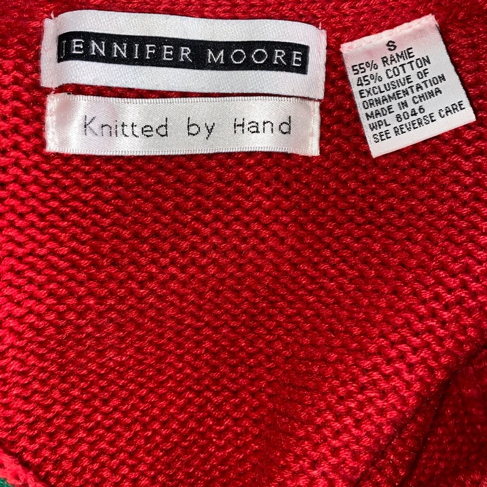 Jennifer Moore Chaleco Mujer Talla Pequeña Rojo Tejido a Mano Feo Navidad Suéter Foto 3 de 3