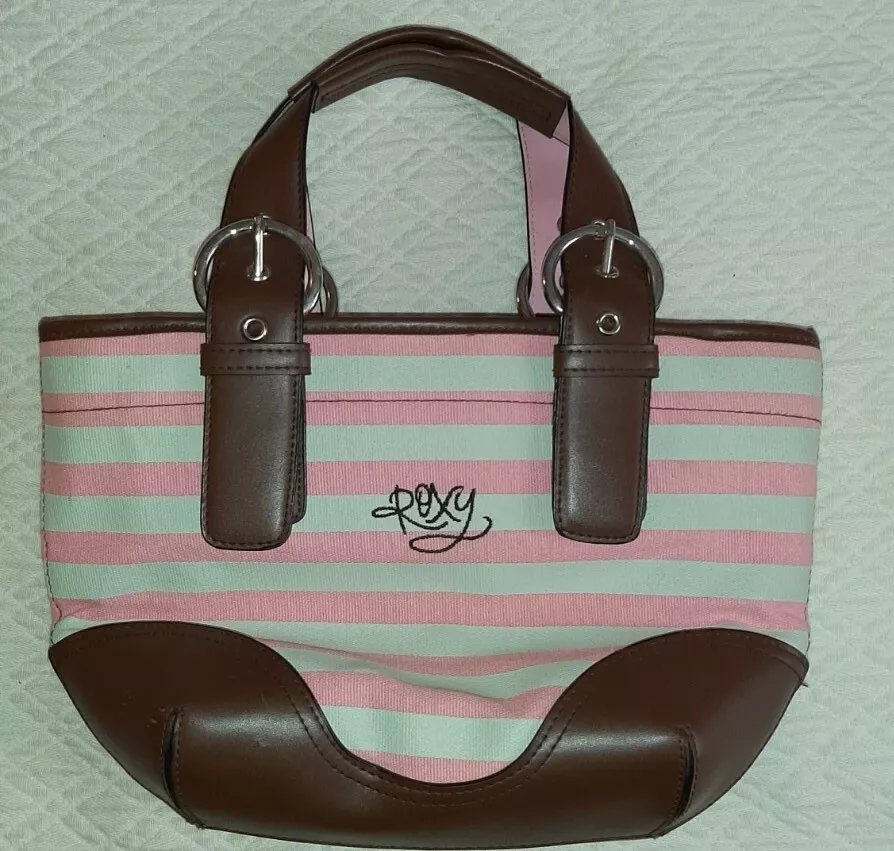 Roxy Purse Pink White Cream Faux Brown Leather Handle & Base