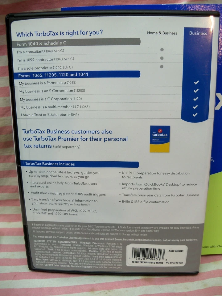 Intuit TurboTax Business 2018 Year Partnership LLC Trust Estate CD NEW Sealed - Image 3 of 4