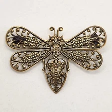 Vtg Repousse Butterfly Brooch Lapel Pin Gold Tone Filigree Rare Openwork Read
