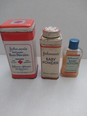Johnson & Johnson Baby Powder Two Empty Tins and Baby Lotion - Vintage Set Of 3