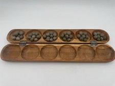 Vtg African Wooden Hand Carved  Mancala Game w/47 Bonduc Seeds In Folding Box