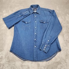 Wrangler Shirt Mens Large Blue Denim Western Pearl Snap Long Sleeve Cowboy Rodeo