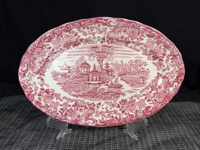 VTG Red Design Small Oval Plates LA CARTUJA Sevilla Pickman SA - 11x7.5 