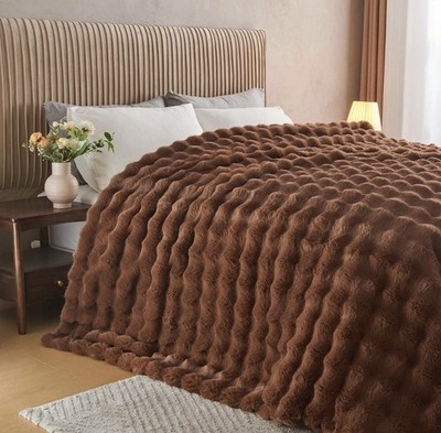 King size Lotus Karen Faux Fur Blanket Dark Coffee Big Bubble Rabbit Fluffy