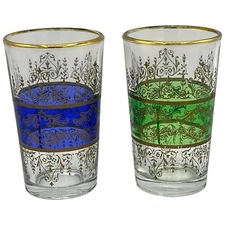 2 Vintage Moroccan Tea Glasses Gold Filigree Accents Blue Green 3 1/2”