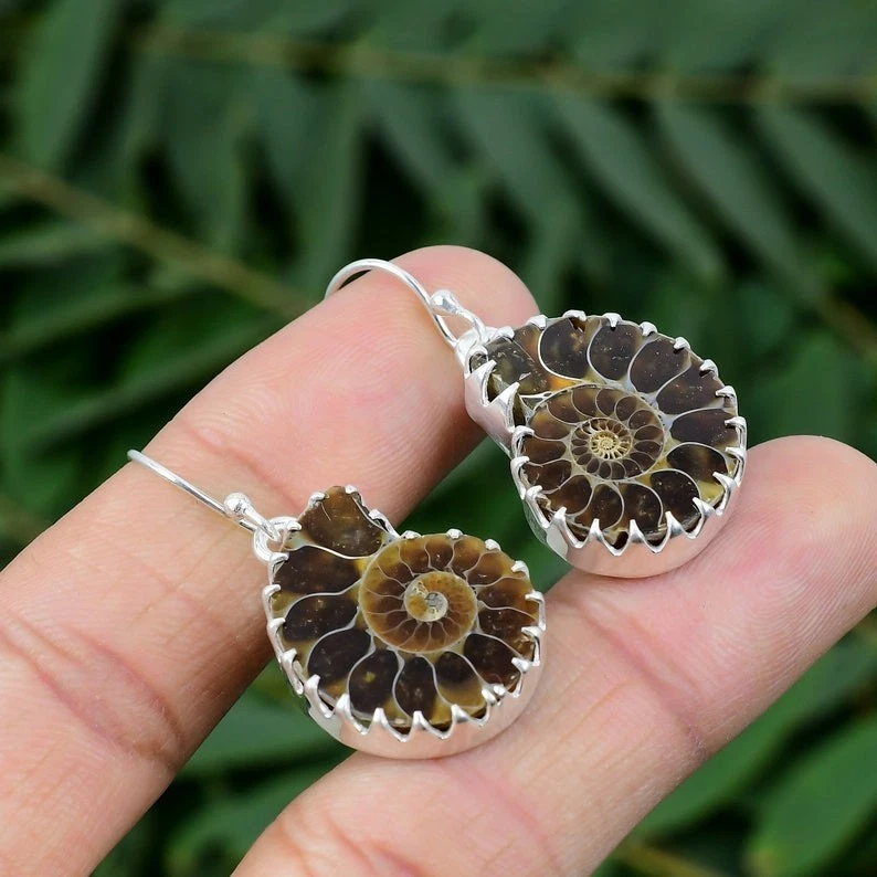 Ammonite Fossi Gemstone Handmade Dangle Earring 925 Sterling Silver Jewelry - Image 2 of 4