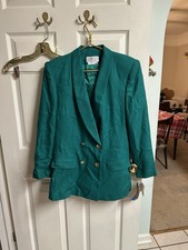 Vnt USA Womens Green Textured Blazer Gold Buttons 80s 90s Double Breasted Med 10
