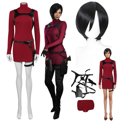 Resident Evil 4 Ada Wong Rotes Kleid Perücke Cosplay Kostüm Karneval Party Anzug