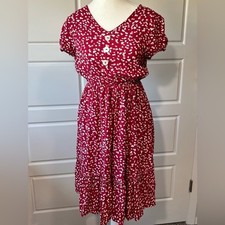 Womens Red White Floral Print Short Sleeve Midi Dress V Neck Buttons Medium