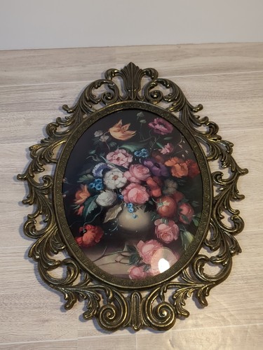 Juego de impresiones de flores vintage de latón ornamentado ovalado convexo enmarcado 10x13" - Imagen 6 de 11