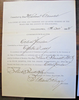 1888 Discharge State Hospital for Insane Norristown PA Signed Alice Bennett MD