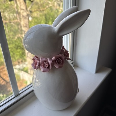 Cupcakes & Cashmere White Ceramic Easter Spring Bunny W 3D Pink Porcelain Roses