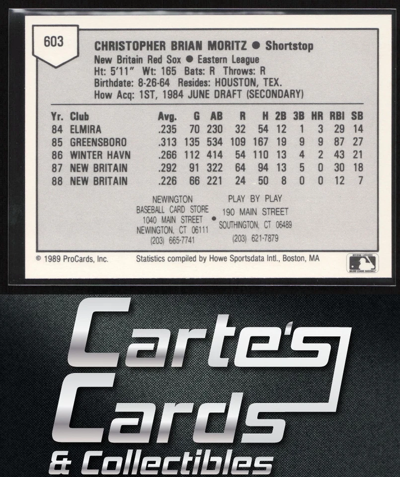 Chris Moritz 1989 ProCards Minor League Team Sets #603 New Britain Red Sox - Image 2 of 2