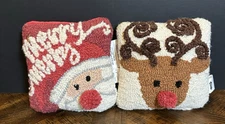 Mud Pie Christmas Hooked Wool Mini Pillows Set Santa & Reindeer 6” Holiday Decor