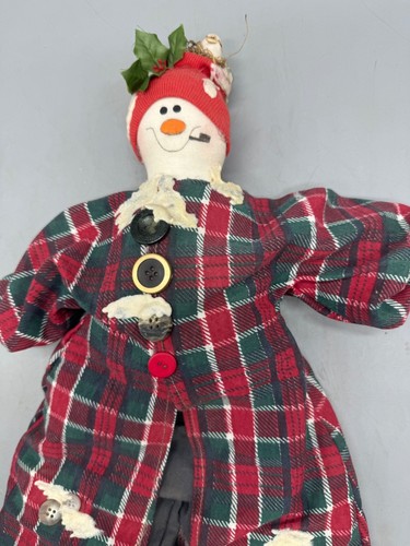 Vintage Schneemann Puppe kariert Mantel & graue Hose Handarbeit 16 cm Weihnachten LESEN - Bild 2 von 8