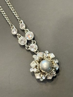 Vintage Givenchy 4G Signed Pearl Crystal Cluster Pendant Necklace