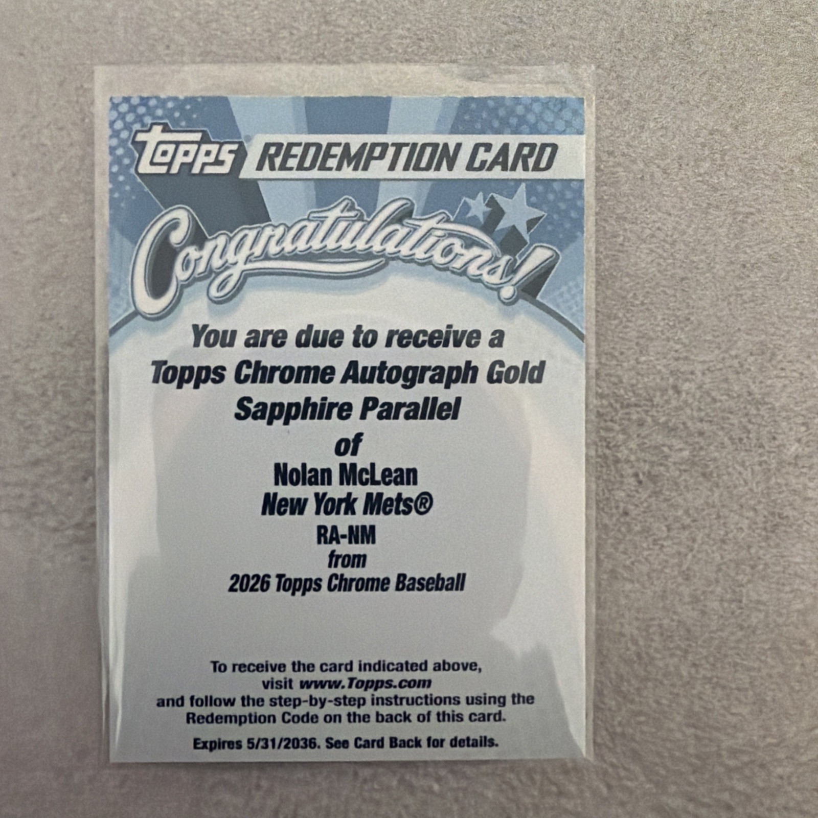 2026 Topps Chrome Sapphire - Nolan McLean - Gold Auto /50 Redemption - Rookie