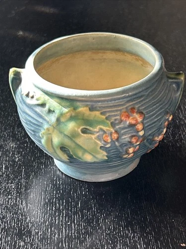 Roseville Pottery Blue Floral BUSHBERRY Vase 657-3 signed