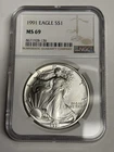 1991 NGC MS69 American Silver Eagle Dollar, U.S. .999 1 oz ASE bullion coin