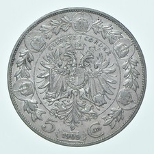 Better Date - 1909 Austrian Empire 5 Corona World Coin- Silver *221
