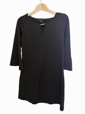 Sharagano Black Solid Knit Shift Dress 3/4 Sleeve Round Neck Keyhole size 12