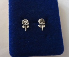 Sterling Silver TINY 10x5mm Flower Long Stem  Rose Stud Studs Earrings 