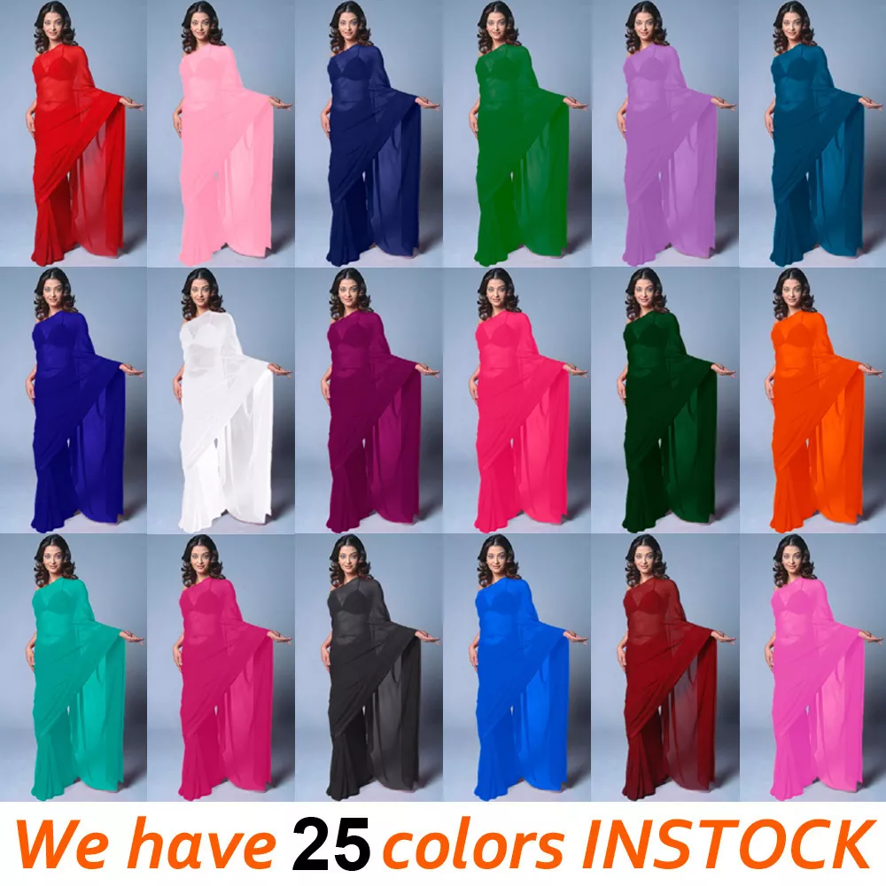 Bollywood Wedding Chiffon Plain Saree Sari Belly Dance Costume Fabric | 25  Color | eBay