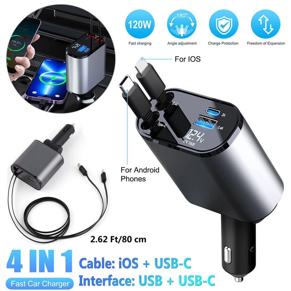 Retractable Car Charger 4 in 1 Fast Car Phone Charger 120W With USB Type C Cable - Image 2 of 4