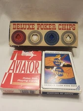 Vintage Deluxe Poker Chips And Playing Cards Aviator/Hard Rock Casino Cut Deck