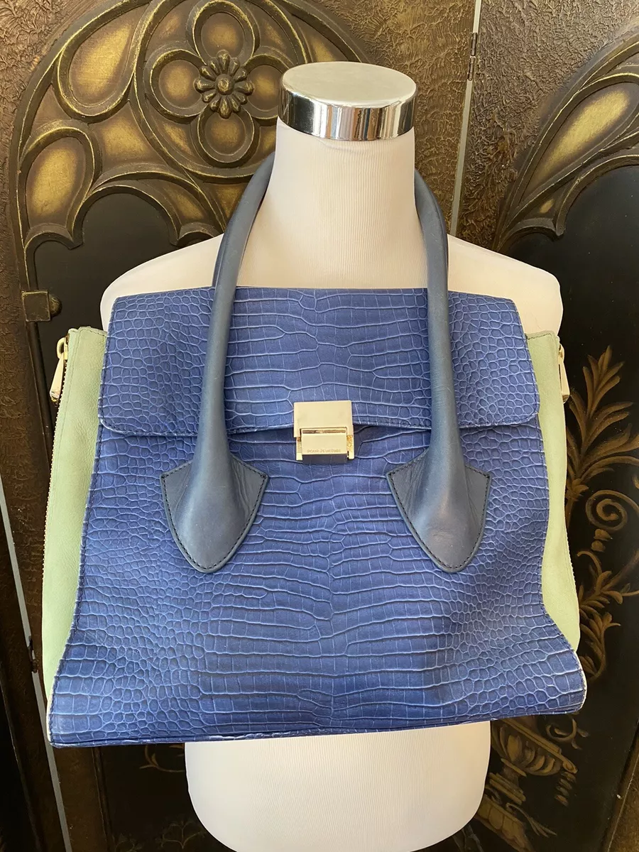 Pour La Victoire Blue Leather Green Suede Double Handle $495 MSRP Handbag  Cool!