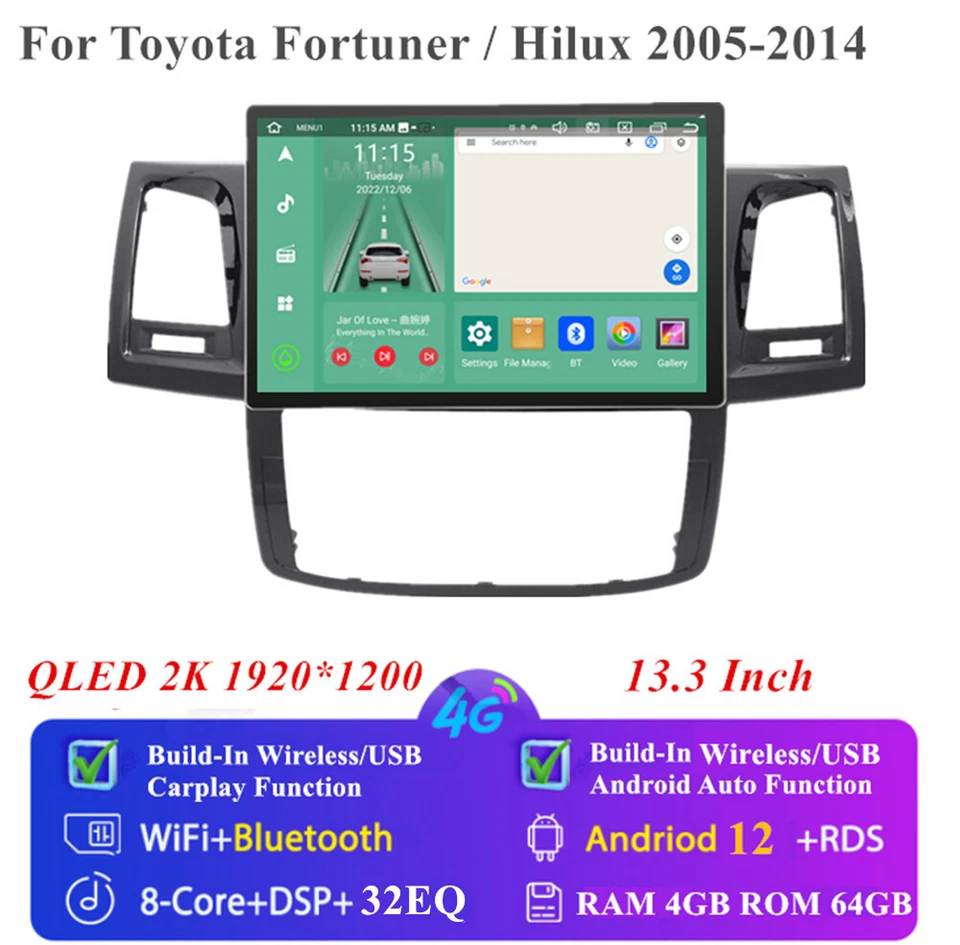 13.3" For 05-14 Toyota Hilux Carplay Android 12 Radio Stereo GPS Head Unit 4+64G - Image 2 of 4