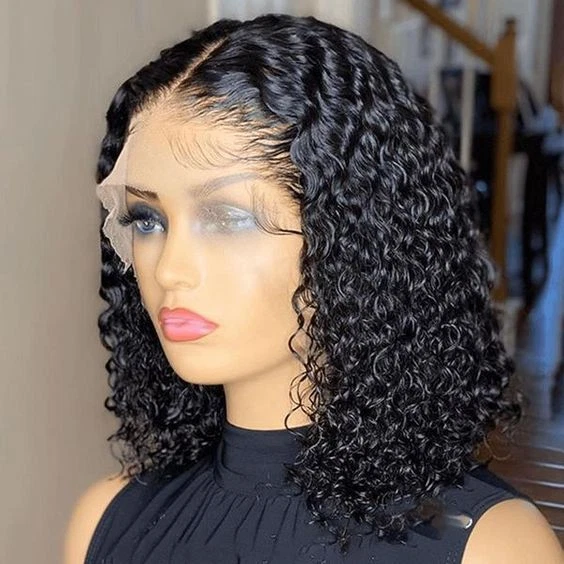 Short Bob Lace Front Human Hair Wigs Natural Black Curly Water