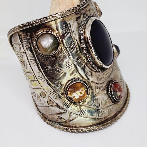 Vintage Tribal Ethnic Silver Tone Large Cuff Bracelet With Semi Precious Stones - Picture 8 of 12