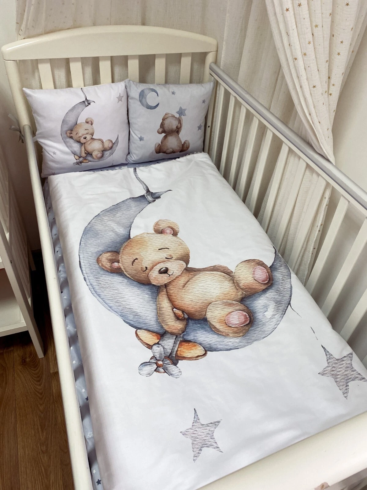Baby bedding set Teddy Bear on the Moon. Blanket with bear on the moon