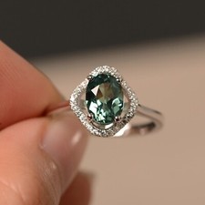 Lab created Green Sapphire Wedding Rings Oval Cut silver Halo Anniversary Rings