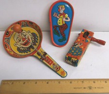 Lot of 3 Vintage Noisemakers U S Metal Toy Mfg  Life of the Party Clowns, Dance