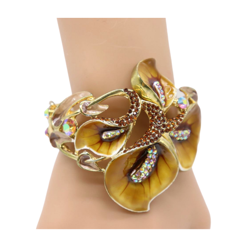 New Women Gold Metal Lily Brown Flower Wrist Cuff Bracelet Bling Fashion Jewelry - Picture 24 of 24