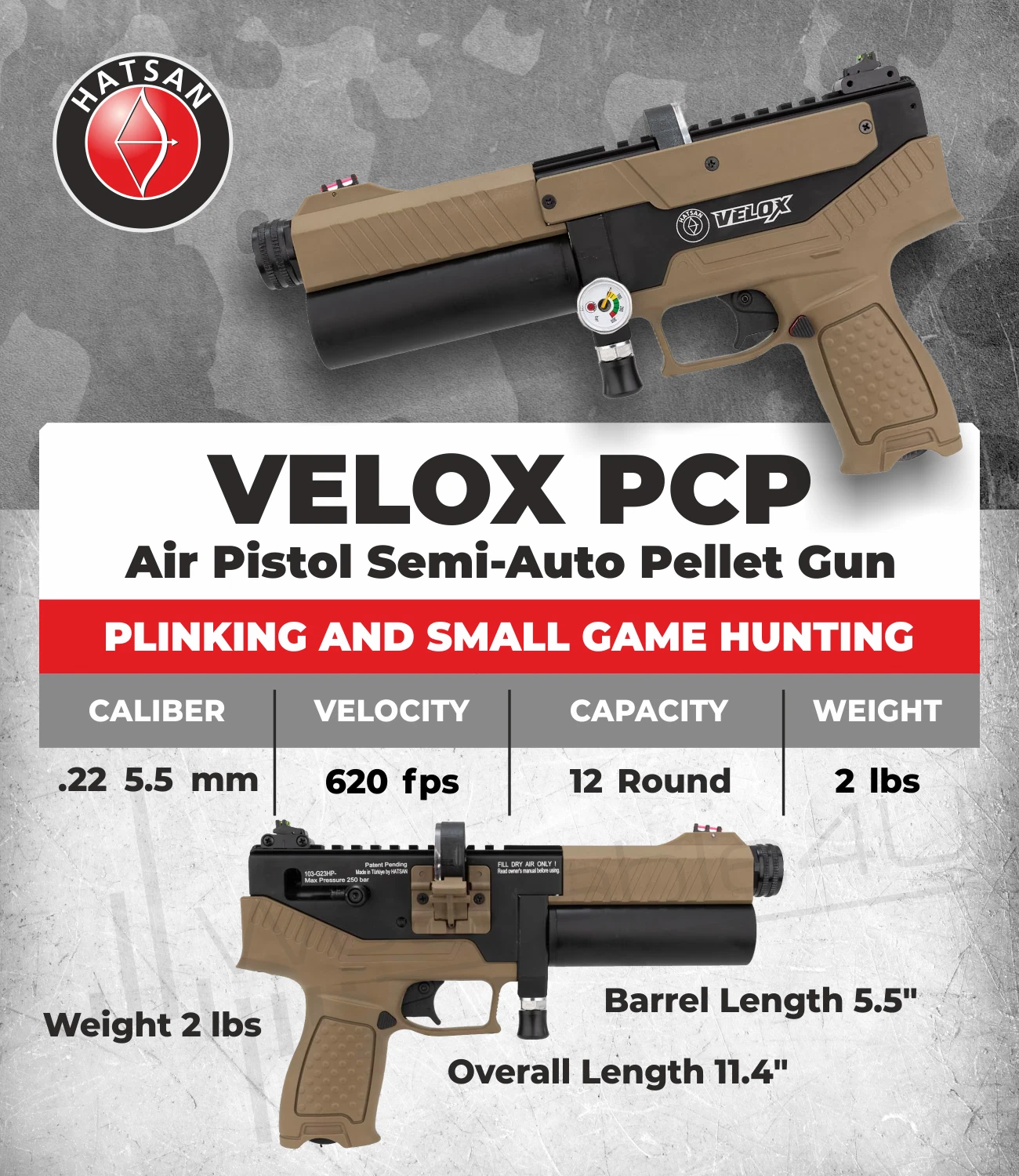 Hatsan Velox .22 Cal Side Bolt Semi-automatic PCP Air Pistol FDE