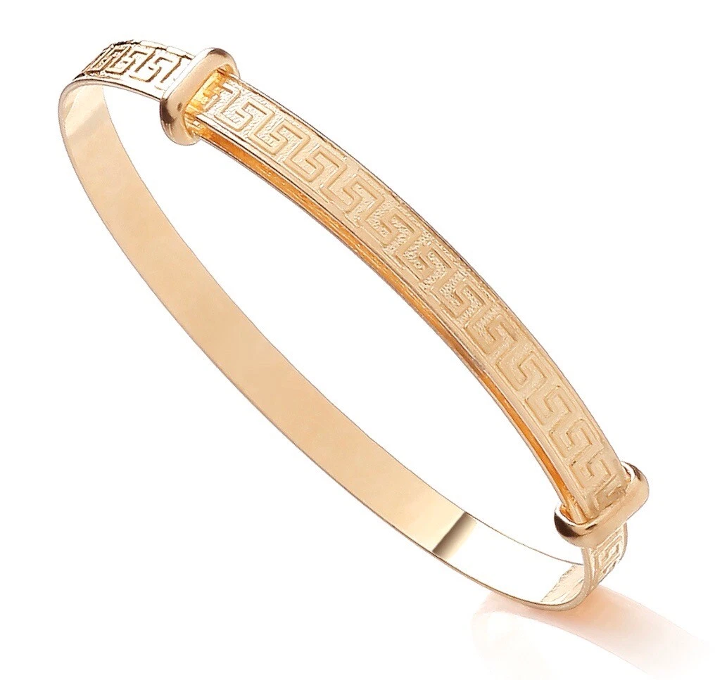 9ct Gold on Silver Expanding Baby Bangle GREEK KEY PATTERN NEW Gift Boxed