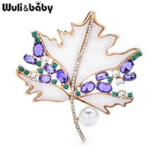Leaf Brooch Pin Purple Green Rhinestone Pearl Elegant Women Summer Jewelry Gift
